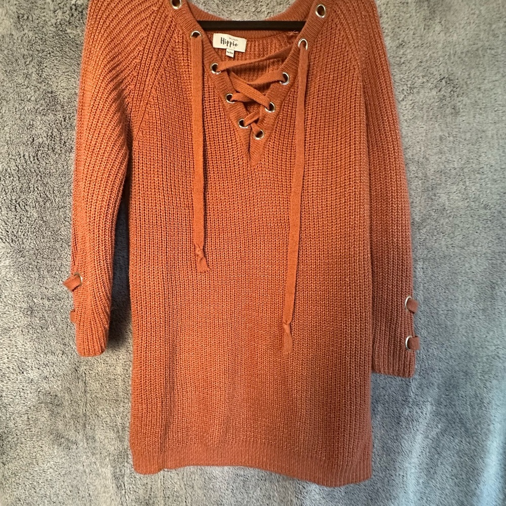 Orange Lace-Up Sweater Dress